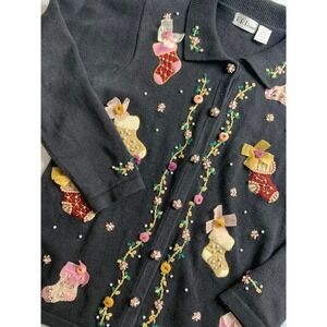 B.P. Design Black Christmas Stocking Embroidered Cardigan‎ Sweater Womens S VTG